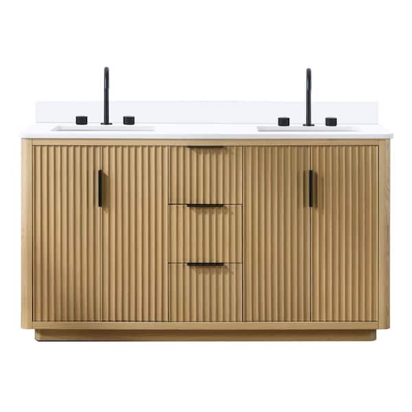 BATHLYN Evelyn 61 in. W x 22 in. D x 34.2 in. H Double Freestanding Bathroom Vanity in Nature Oak with Quartz Countertop