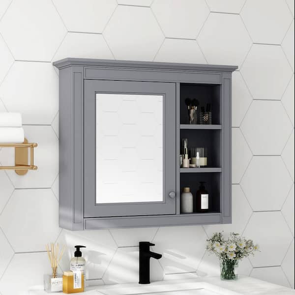 30 in. W x 28 in. H Rectangular Gray MDF Wall Mounted Medicine Cabinet with Mirror