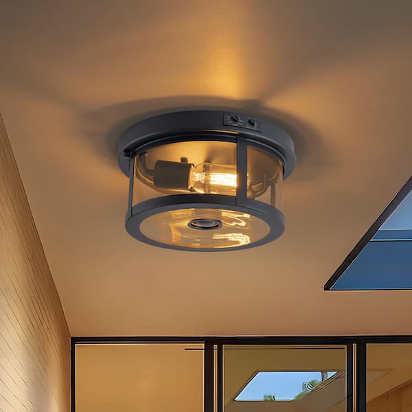 10.5 in. 2-Light Black Motion Sensing Dusk to Dawn Dimmable No Bulb Included Outdoor Flush Mount Ceiling Light (1-Pack)