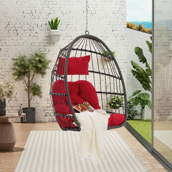 Unbranded 1-Person Gray Wicker Porch Egg Swing Chair with Red Cushion