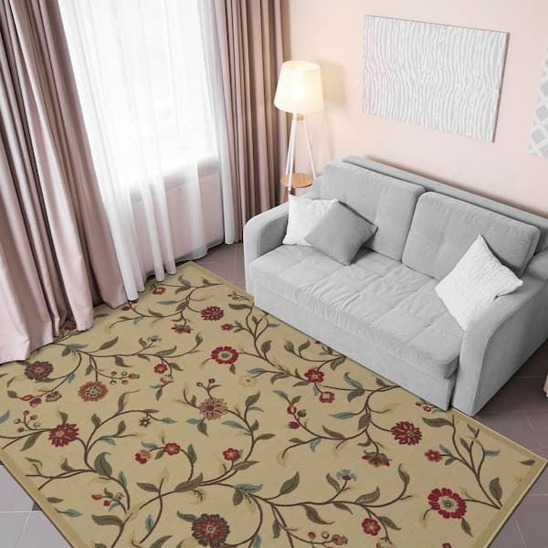 Ottomanson Basics Collection Non-Slip Rubberback Floral Leaves 5x7 Indoor Area Rug, 5 ft. x 6 ft. 6 in., Beige