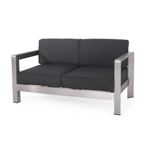 Modern Gray Metal Frame Outdoor Loveseat with Black Cushions