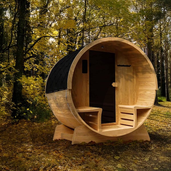 4-Person Electric Heater Outdoor Cedar Barrel Steam Sauna Front Porch Canopy - ETL Certified