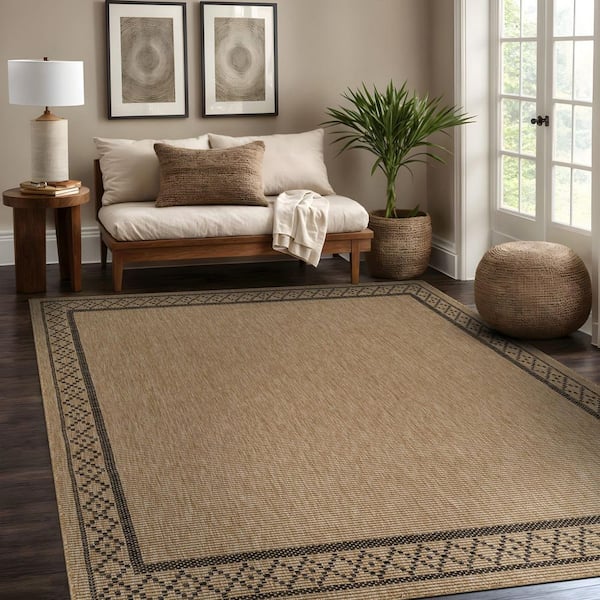 Beverly Rug Haven 5 ft. x 7 ft. Natural Border Diamond Washable