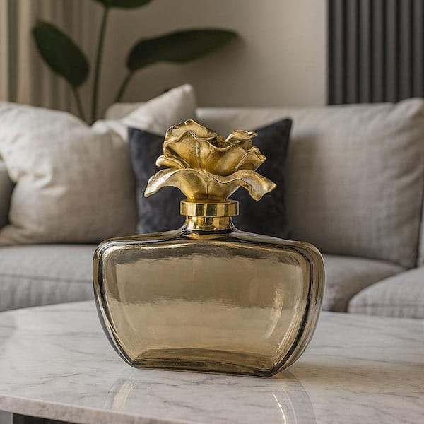 Gold 12 in. x 11 in. Handmade Aluminum and Glass Perfume Bottle Sculpture