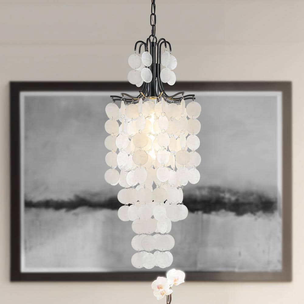 12 in. 1-Light Mini Natural Coastal Capiz Tierd Chandelier with Seashells i