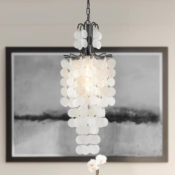 ALOA DECOR 12 in. 1-Light Mini Natural Coastal Capiz Tierd Chandelier with Seashells in Matte Black Hanging Pendant-Light