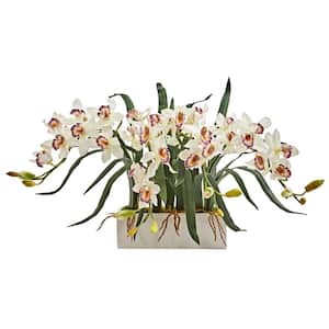 Indoor Cymbidium Orchid Artificial Arrangement in Black Vase