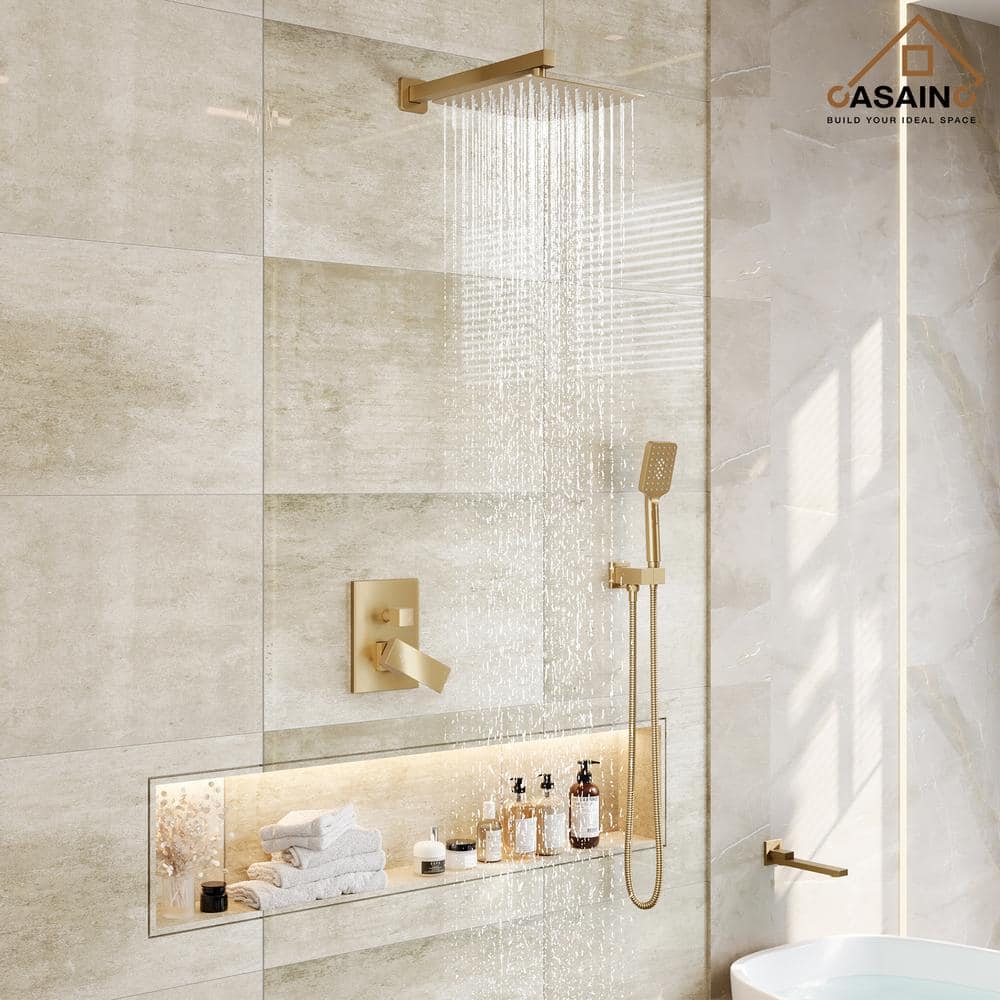 Brushed Gold 12" Wall Mount Shower System with Handheld Spray