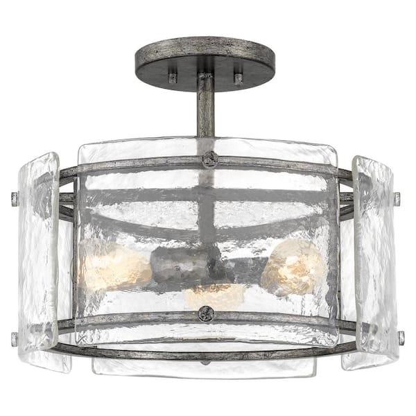 Quoizel Fortress 12.75 in. 3-Light Mottled Silver Semi-Flush Mount