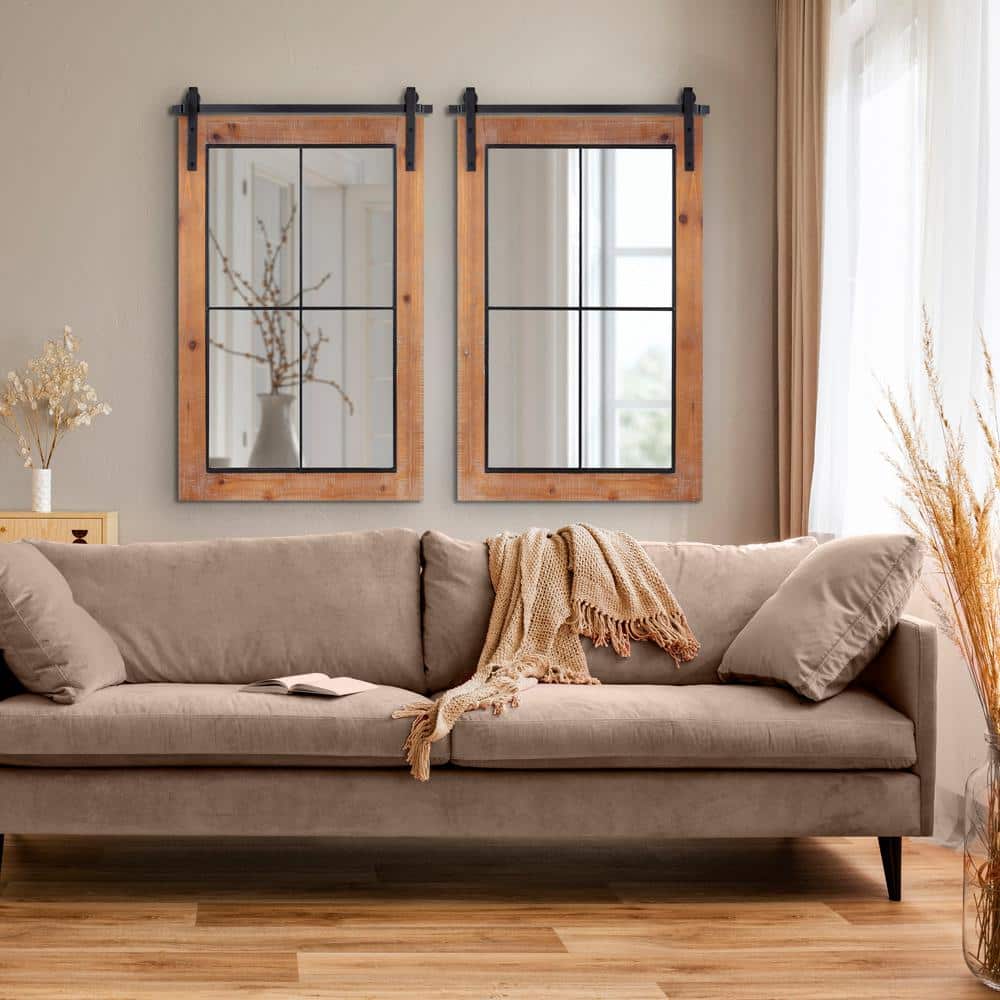Rustic Brown Wood Windowpane Framed Wall Mirror