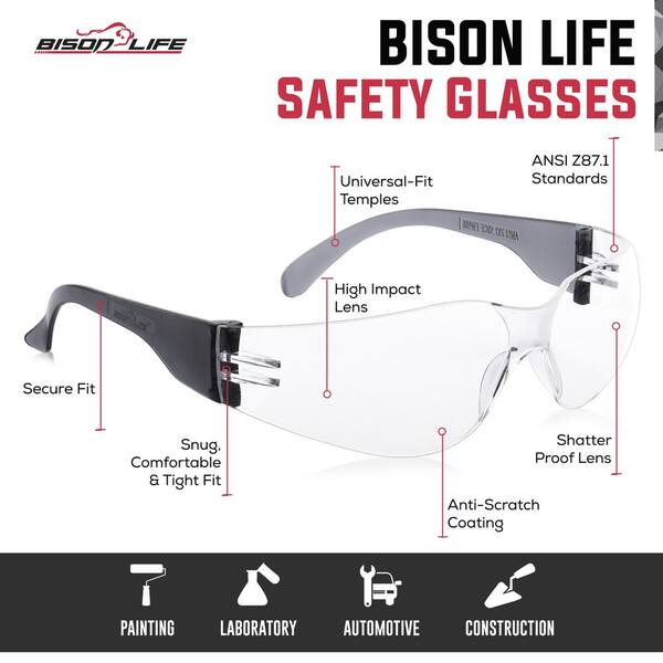 BISON LIFE Clear Anti-Scratch Protective Safety Glasses with
