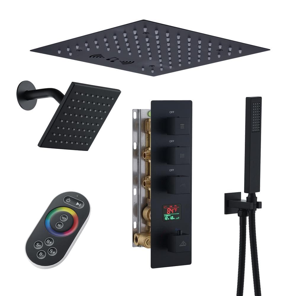 Matte Black 12" LED Rain Shower System with Bluetooth Speaker