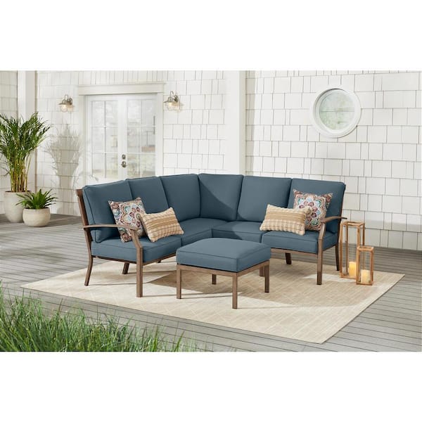 Hampton Bay Geneva 6-Piece Brown Wicker Outdoor Patio Sectional Sofa Seating Set with Ottoman and Sunbrella Denim Blue Cushions