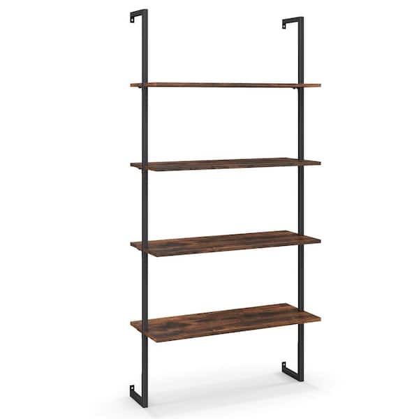 Costway 64 in. Coffee Wood 4-Shelf Ladder Bookcase Industrial Wall Shelf with Metal Frame Rustic Brown