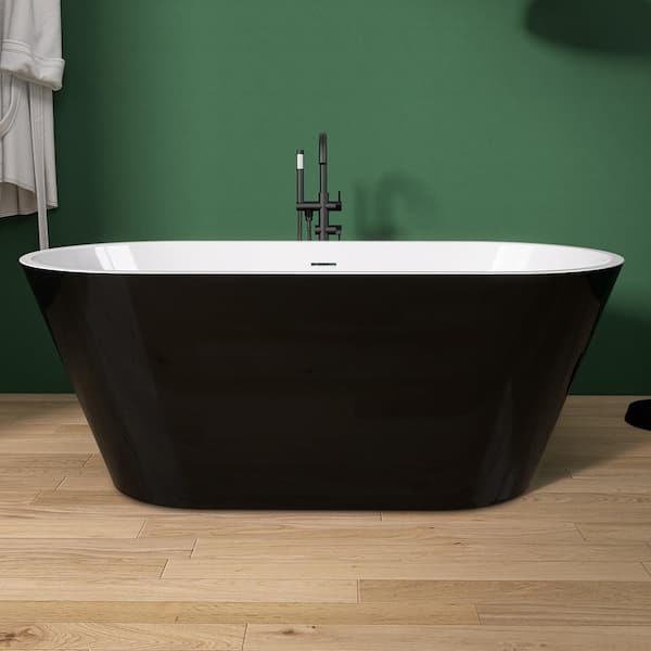 NTQ 55 in. x 27.5 in. Acrylic Free Standing Soaking Tub Flatbottom Freestanding Bathtub with Chrome Drain in Glossy Black