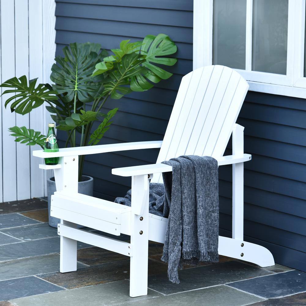 White Wooden Adirondack Chair with Cupholder for Deck