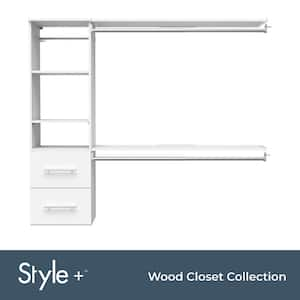 Style+ 46.97 in. W - 112.97 in. W White Hanging Wood Closet System with Top Shelves and Modern Drawers