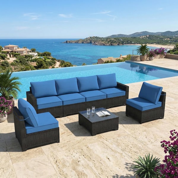 7-Piece Dark Brown Wicker Outdoor Sectional Set with Peacock Blue