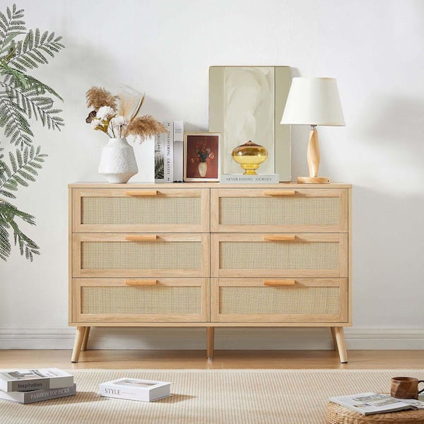 47 in. W x 16 in. D x 30 in. H Beige Linen Cabinet, 6-Double Bedroom Dresser  with Rattan Drawers, Wood Chest of Drawers LM-W1162P190401 - The Home Depot