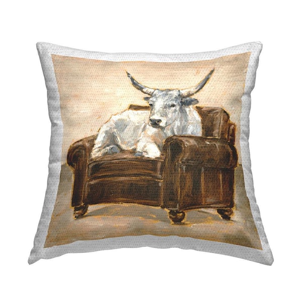 Longhorn White Bull Resting in Brown Chair Brown Square Outdoor Throw Pillow