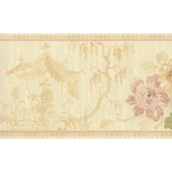 Dundee Deco Falkirk Brin Blooming Roses, Mirage Beige, Green, Gold Wallpaper Border