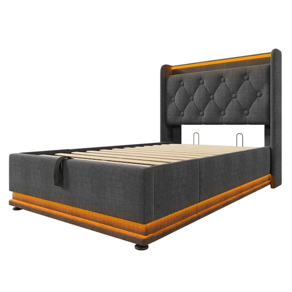 Gray Wood and Metal Frame Upholstered Linen Twin Platform Bed with Hydraulic Storage, USB Charging and 360° LED Light