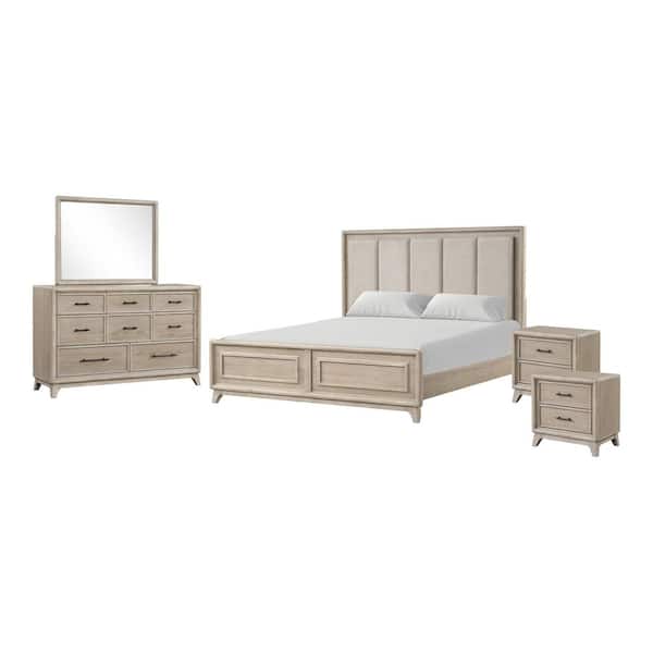 Liston 5-Piece Oak Wood Frame King Panel Bedroom Set with Channel Padded Headboard, Metal Handle, Angled Bracketed Feet