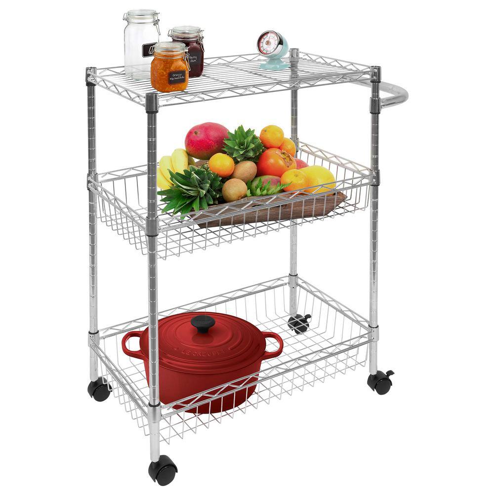 Silver 3-Tier Steel Rolling Utility Cart with Lockable Wheels