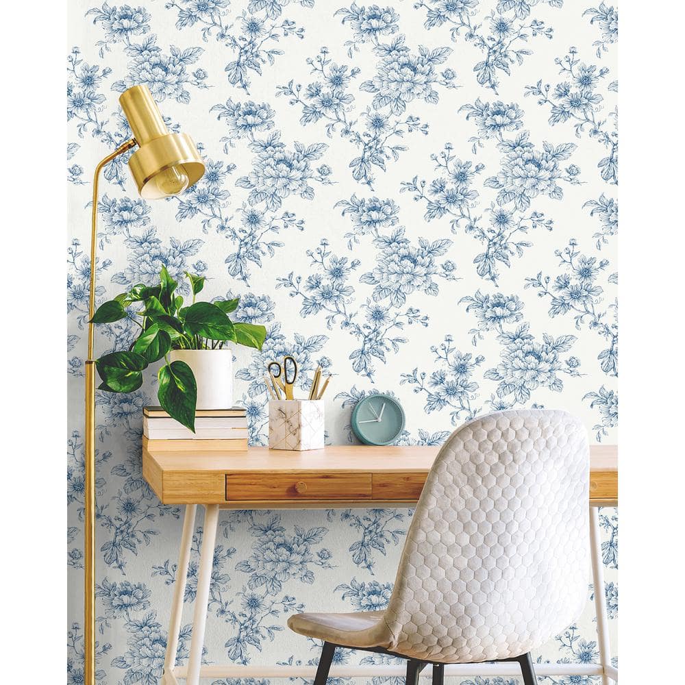 Blue Floral Vinyl Self-Adhesive Peel and Stick Wallpaper Roll