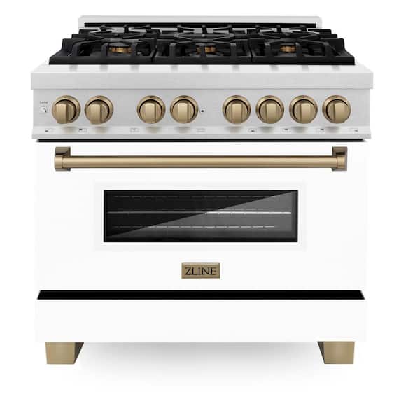Autograph 36 in. Legacy Dual Fuel Range with 6 Burners and Electric Oven in Satin Steel with White and Bronze Accents