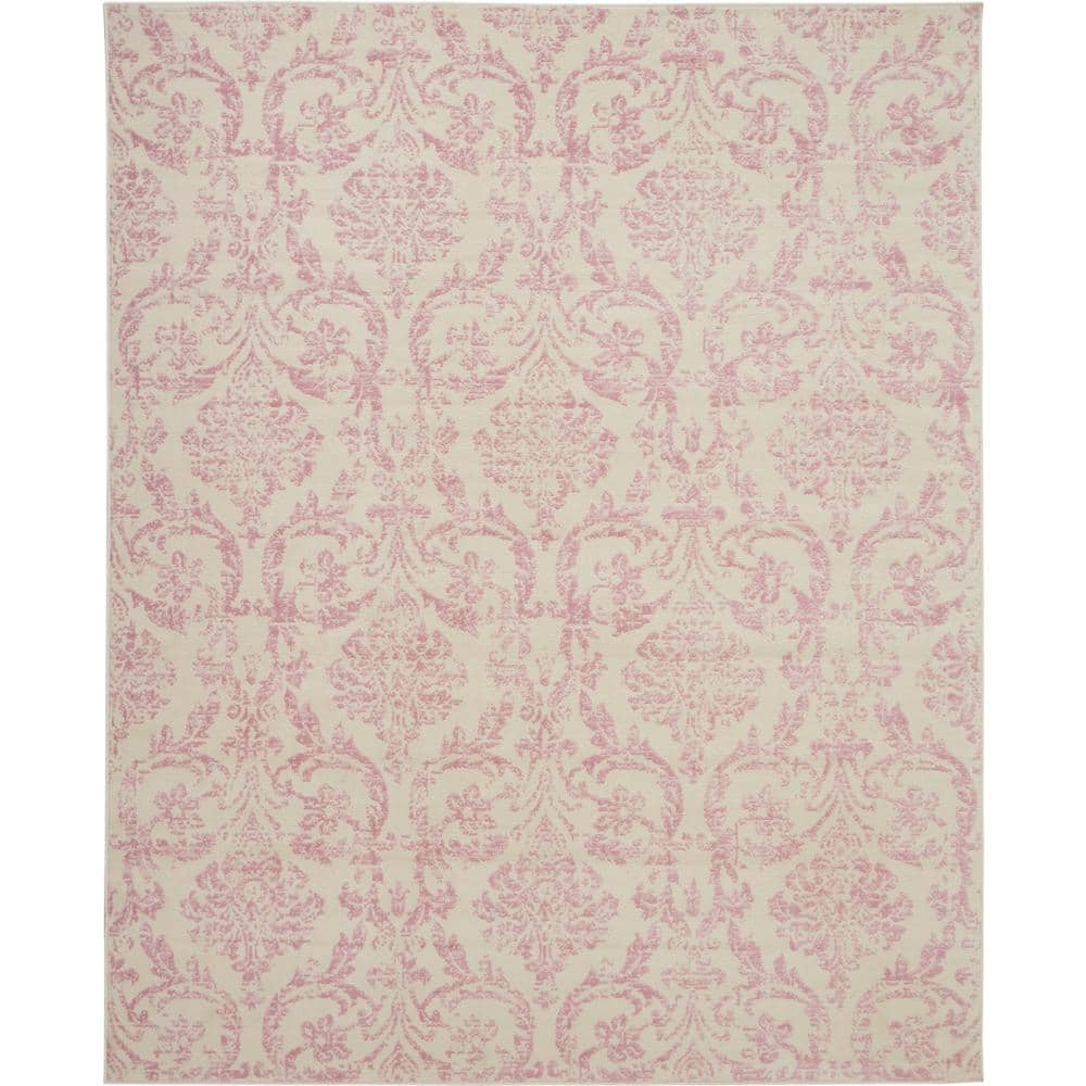 Ivory and Pink Synthetic Damask 7' x 10' Area Rug