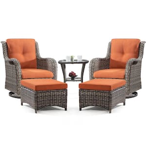 5-Piece Wicker Patio Outdoor Conversation Rocking Chair Set with Orange Cushions