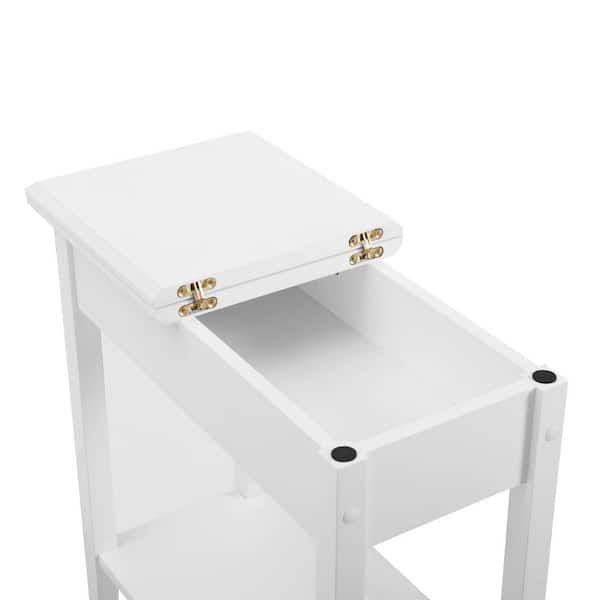 Homestock Cream Narrow End Table with Storage, Flip Top Narrow Side Tables for Small Spaces, Slim End Table with Storage Shelf, Ivory