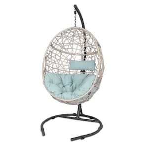 Outdoor Wicker Egg Hanging Hammock Chair with Stand and Turquoise Cushion