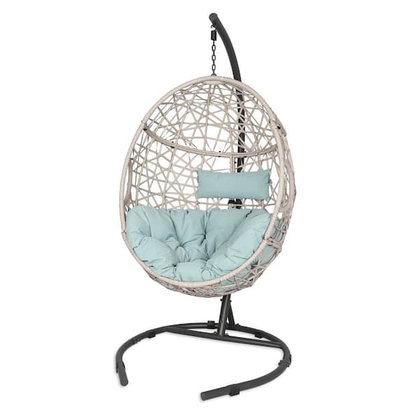 ULAX FURNITURE Outdoor Wicker Egg Hanging Hammock Chair with Stand and Turquoise Cushion