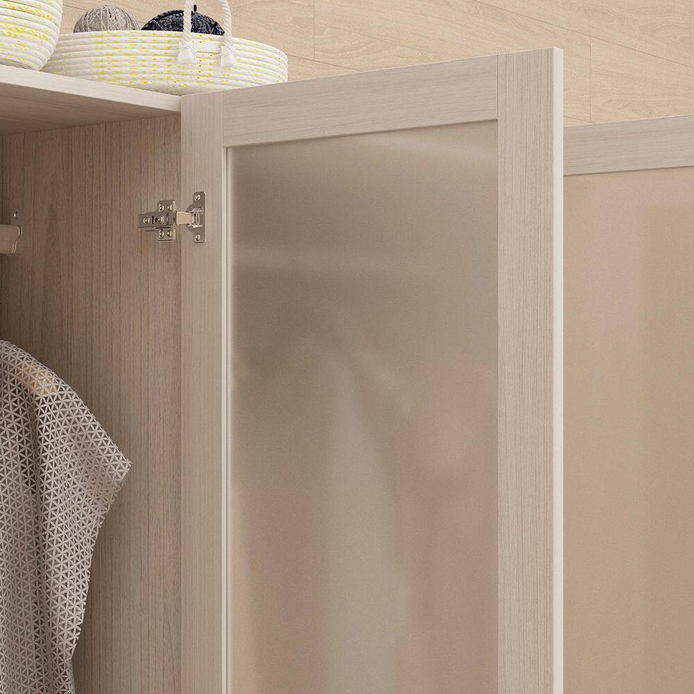 Light Oak Wood 63 in. Bedroom Armoire with Frosted Glass Doors, Double Hanging Rods and 2-Large Storage Drawers - thumbnail 4