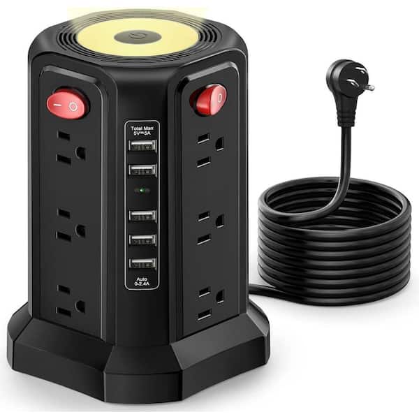 Power Strip Tower 10 ft. 14 / 3 Heavy Duty Indoor Braided Extension Cord with 5 USB Ports and Night Light Black