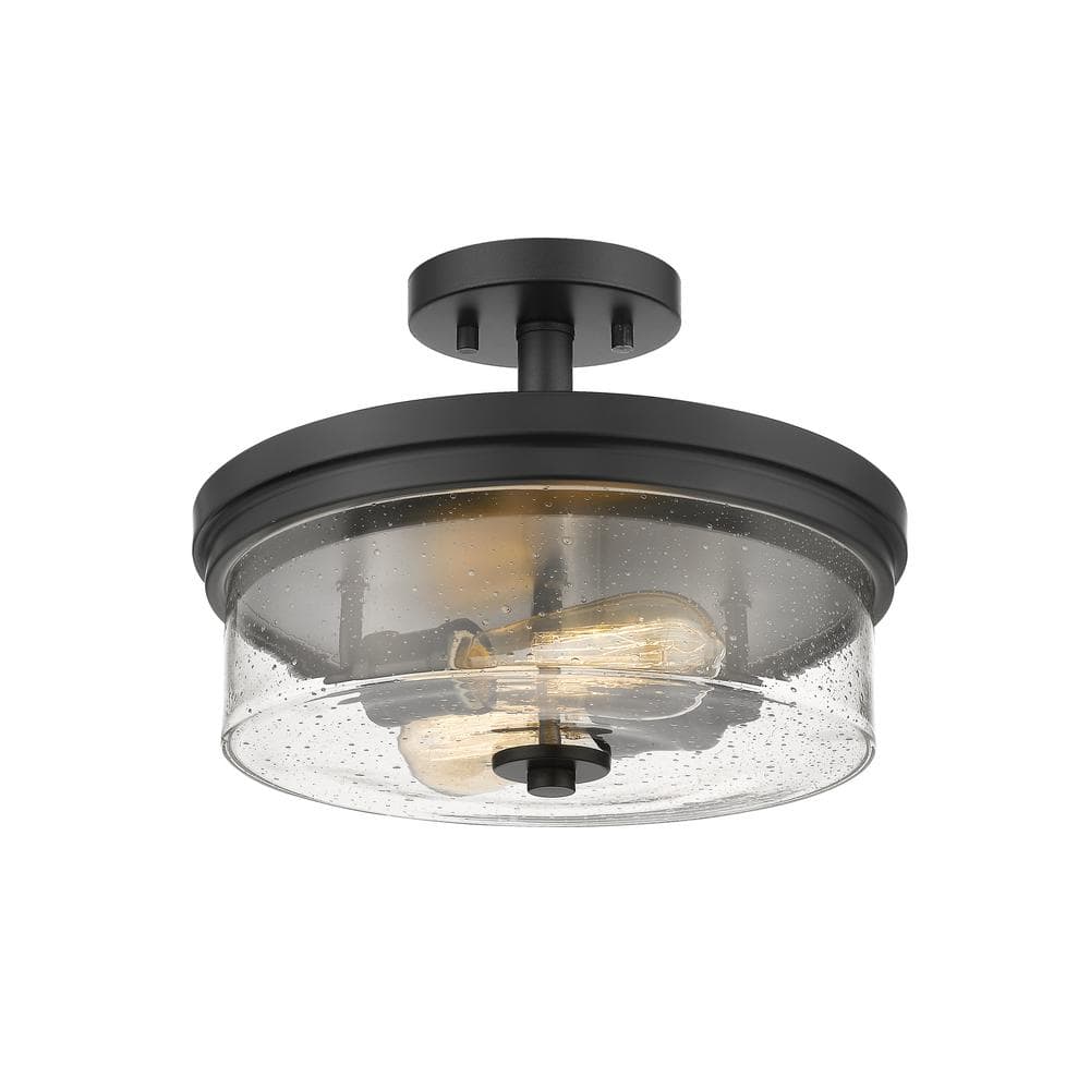 Bohin 13 in. 2-Light Matte Black Semi-Flush Mount with Clear Seedy Shade