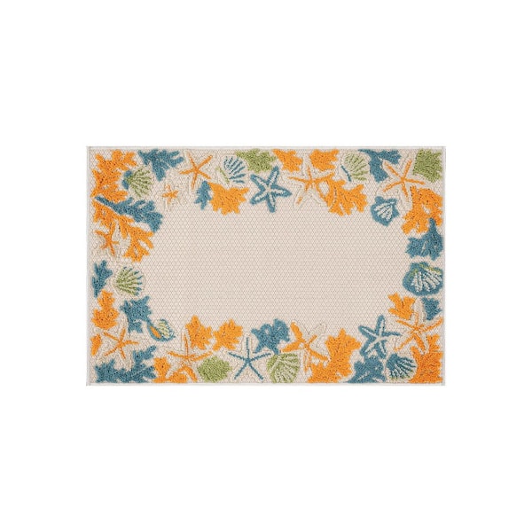 Coastal Border Design Indoor/Outdoor High-Low Textured Area Rug, Easy-Clean Patio Rug 2 ft. x 3 ft. Multi