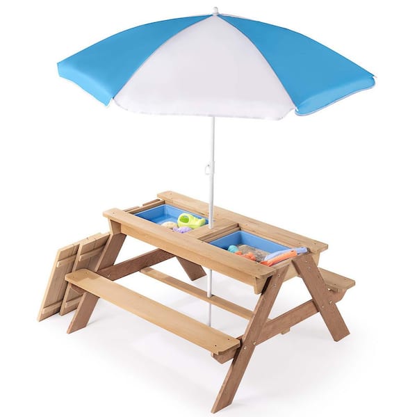 37 in. Brown Rectangle 3-in-1 Kids Wood Picnic Table with Umbrella,Convertible Sand and Wate Outdoor Wooden Table, Bench