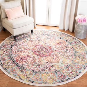 Madison Ivory/Red 7 ft. x 7 ft. Geometric Border Floral Medallion Round Area Rug