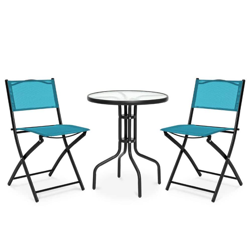 Peacock Blue 3-Piece Patio Bistro Set with Glass Tabletop