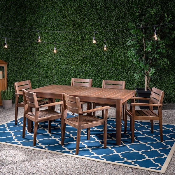 Noble House Magnolia Brown 7-Piece Wood Rectangular Table Outdoor Patio Dining Set