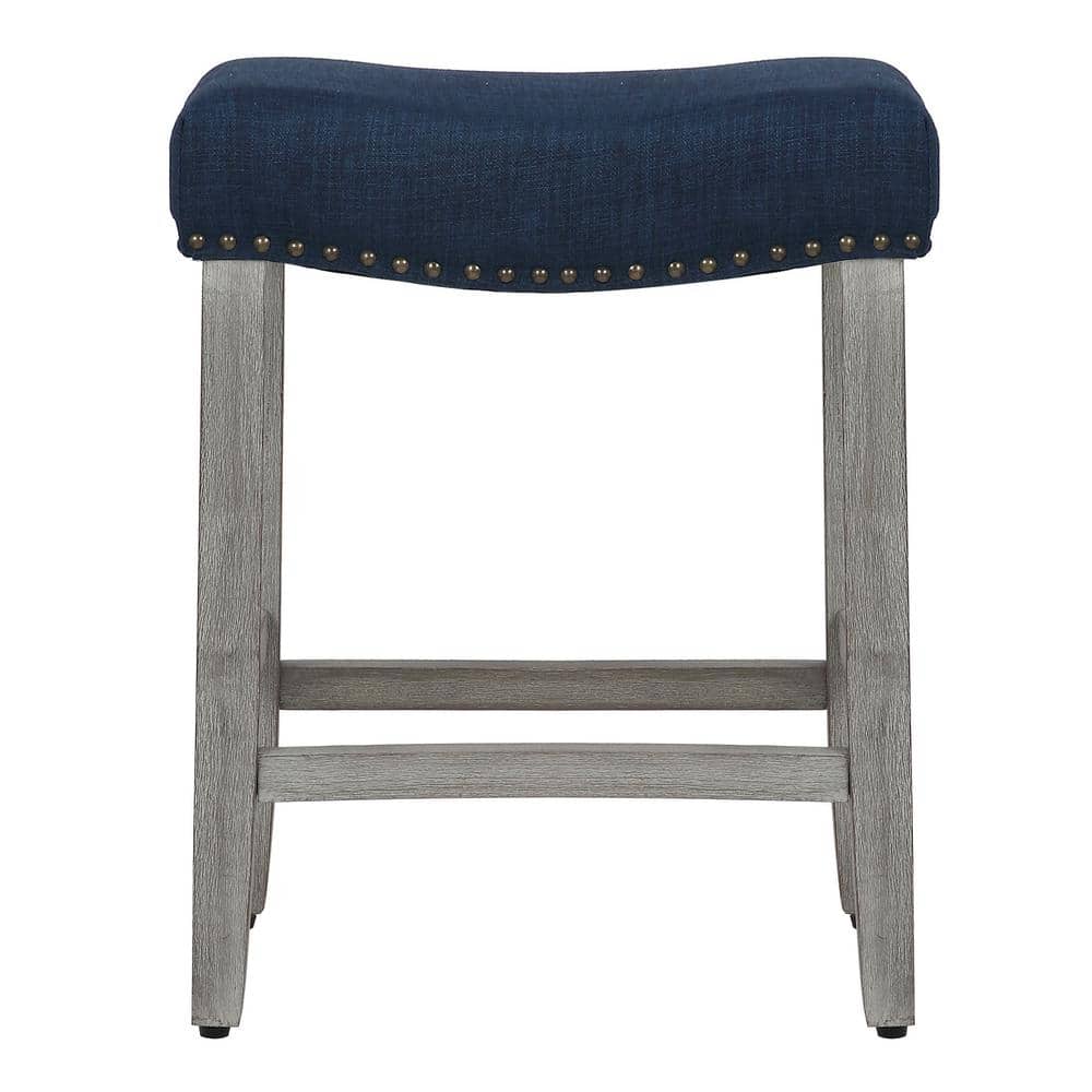 Navy Blue Upholstered Saddle Seat 24" Counter Stool with Nailhead Trim