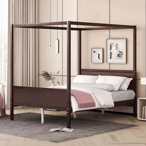 Espresso (Brown) Wood Frame Queen Size Canopy Bed with Headboard, Footboard and Slat Support Leg