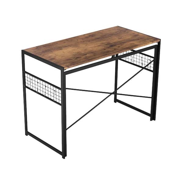 Homy Casa HARUQ 39.4 in. Rectangle Rustic Brown Wood Table Top and Black MDF Folding Desk with Hooks and Metal Frame