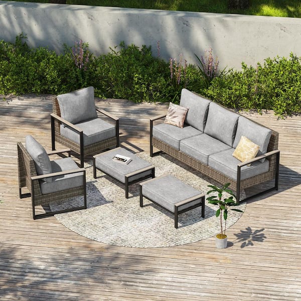 5 Pieces Patio Conversation Set Sofa with Ottomans Gray PE Wicker Wide Armrests with Linen Grey Cushion