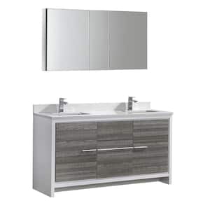 Allier Rio 60 in. Modern Bathroom Vanity in Ash Gray with Double Quartz Stone Vanity Top in White and Medicine Cabinet