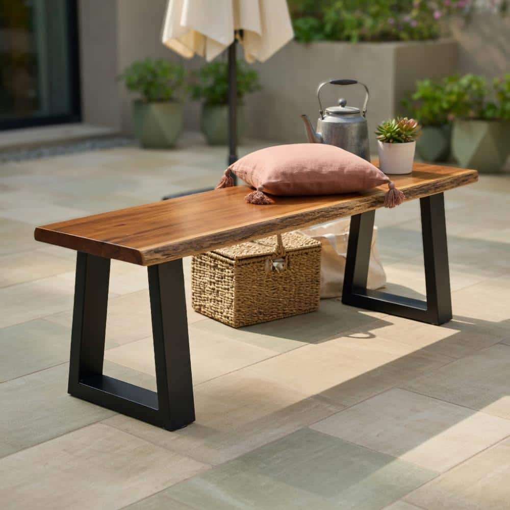 acacia wood outdoor dining bench with metal legs solid wood sturdy outdoor seating chair